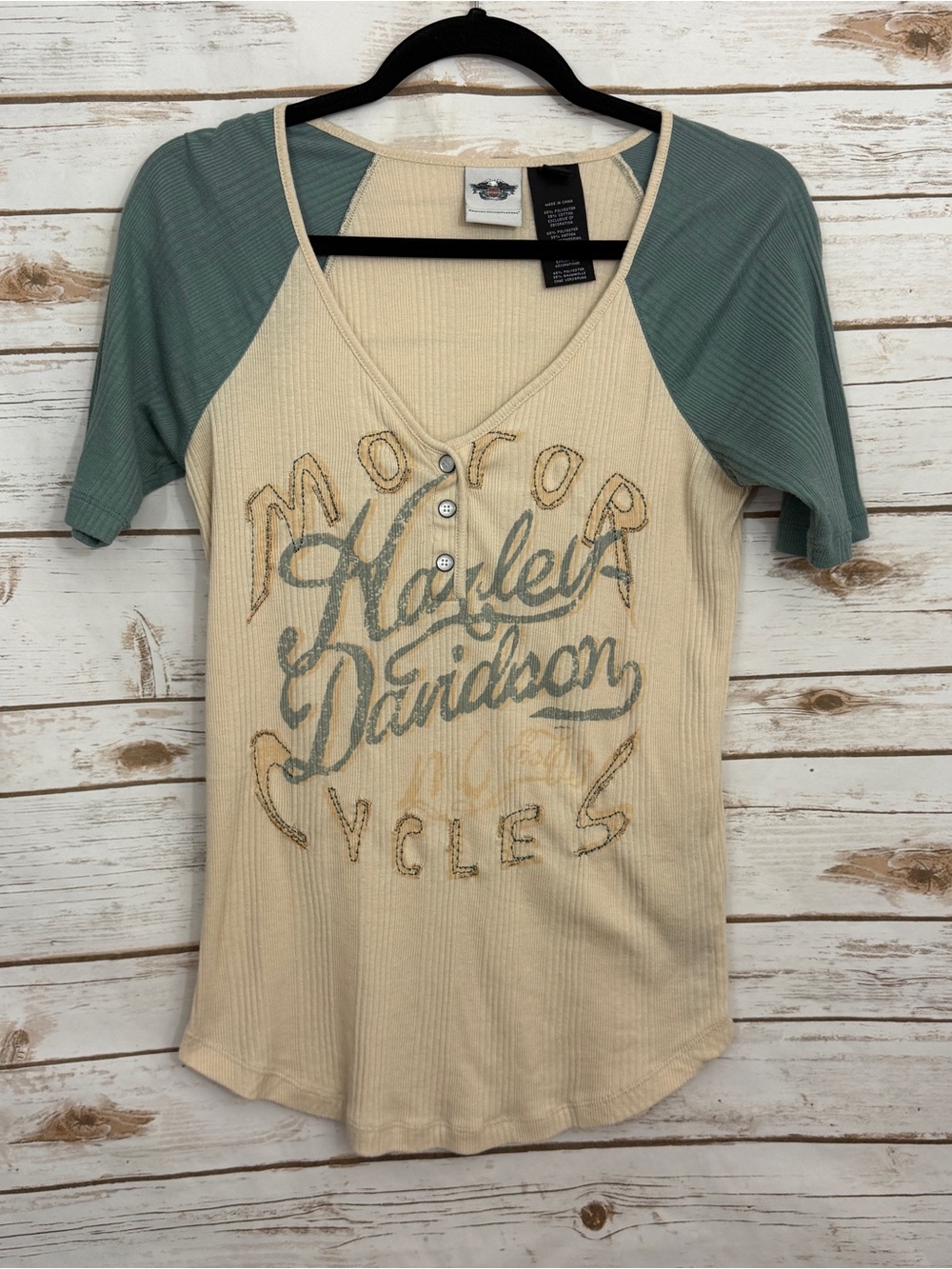 Harley Davidson Graphic Raglan Short Sleeve Henley Top M